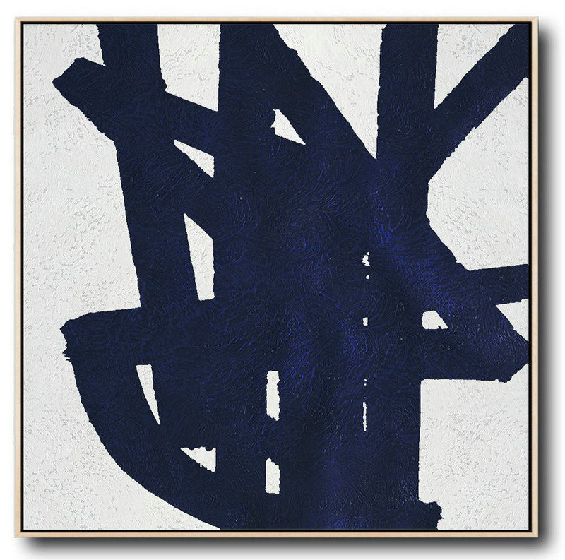 Original Artwork Extra Large Abstract Painting,Minimalist Navy Blue And White Painting,Extra Large Paintings
